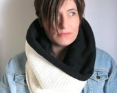 Black and Cream Infinity Scarf in Cotton and Cashmere Snood   : Upcycled Recycled Repurposed Eco Friendly