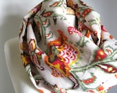 Zakka Modern:  Linen Infinity Scarf Screenprint Eco Friendly in Orange Green Yellow and Cream
