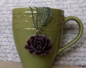 Statement Purple Blooming Lotus with Grey Pendant Necklace with Purple Lotus and Grey Organza Ribbon