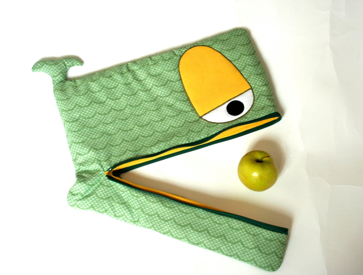 Green Wavy Whale laptop sleeve, padded, 15 inch, 14 inch, 13 inch,moss green and yellow - custom made