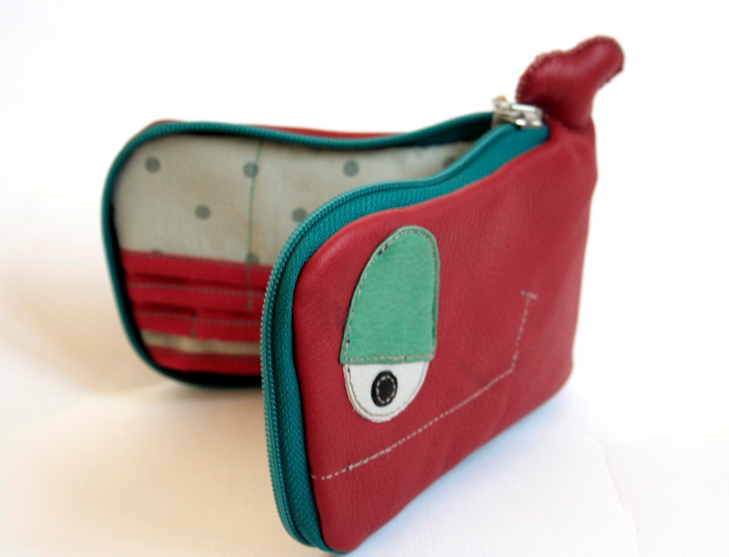Little Red Mint Whale wallet,red leather wallet with mint polka dots inside, OOAK, ready to ship
