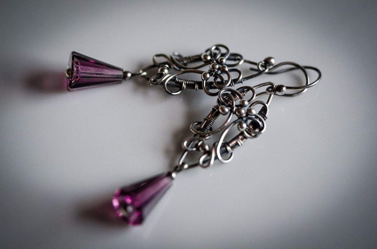 Swarovski crystal, amethyst color,  fine silver earring, Fine Silver dangle earring  Wire Wrapped earrings handmade earring
