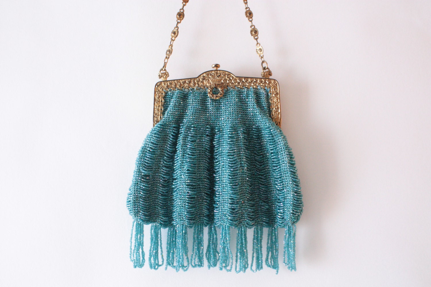 1920s teal deco beaded fringe handbag