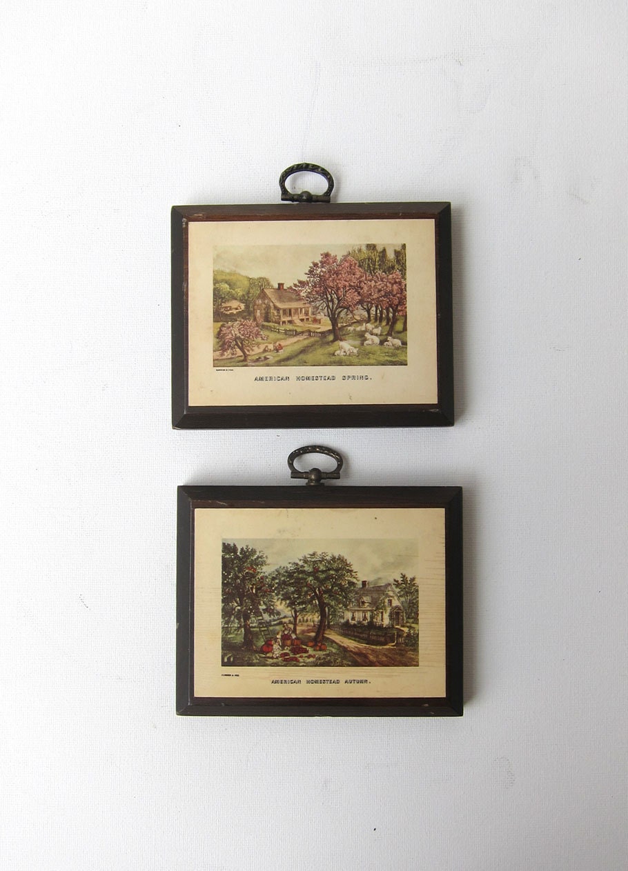 Vintage pair of Currier & Ives folk american homestead spring and autumn prints