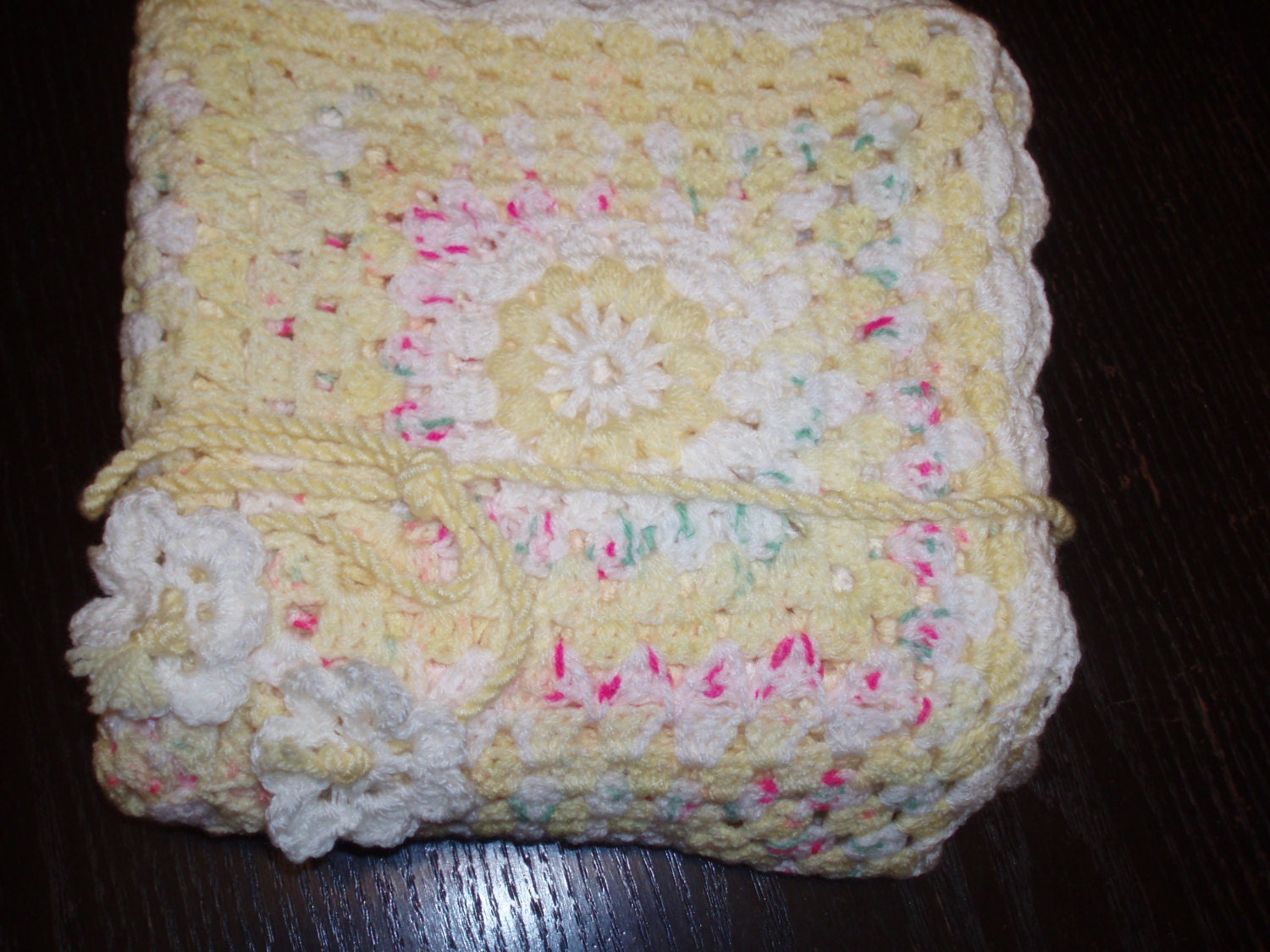 SALE Yellow White and Multicolour Crochet Granny Square Baby Blanket Afghan with Flowers