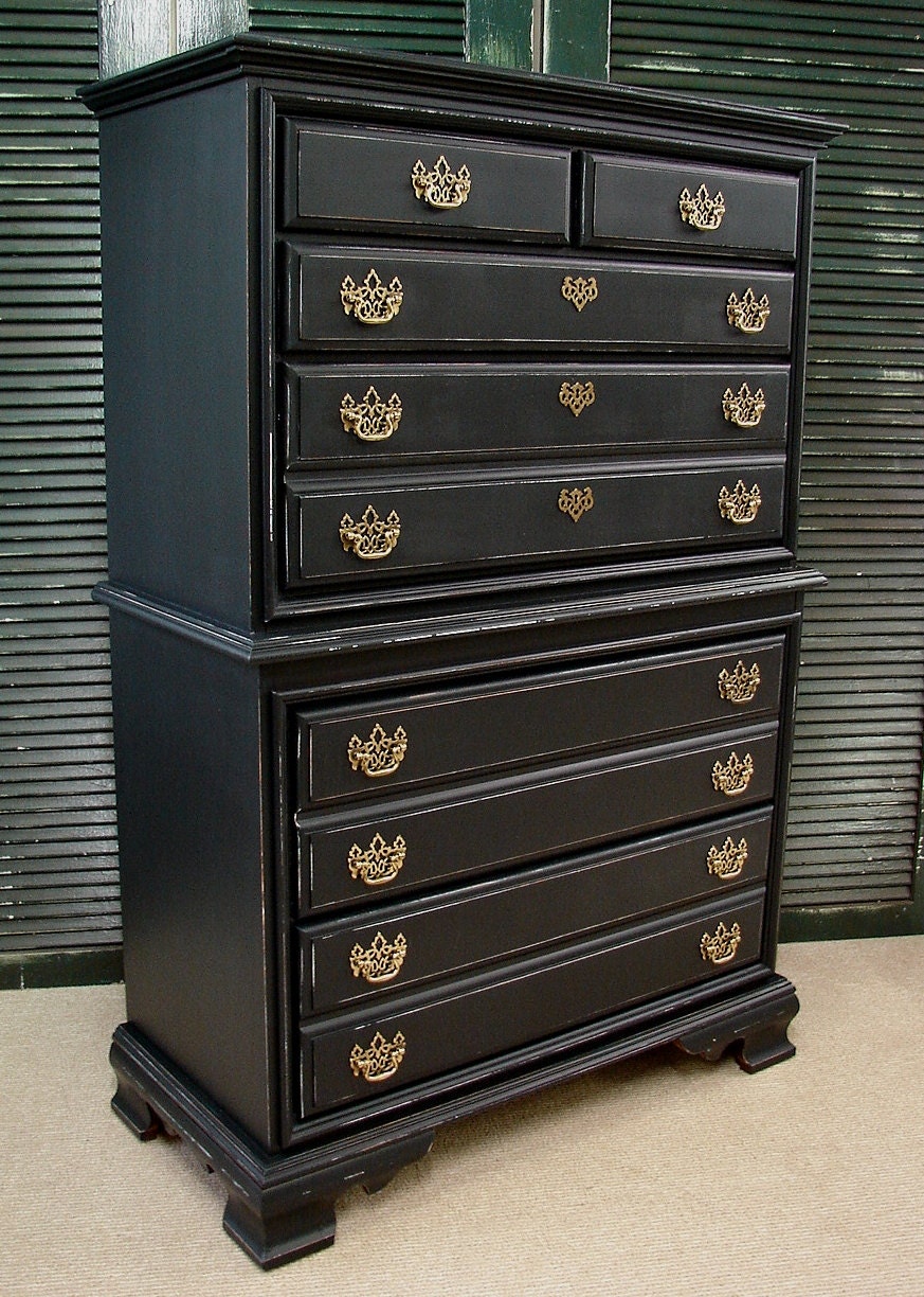Reclaimed Thomasville Highboy Black Painted Light Distress Chest on Chest Dresser Chest of Drawers (HAI) Call for a SHIP QUOTE