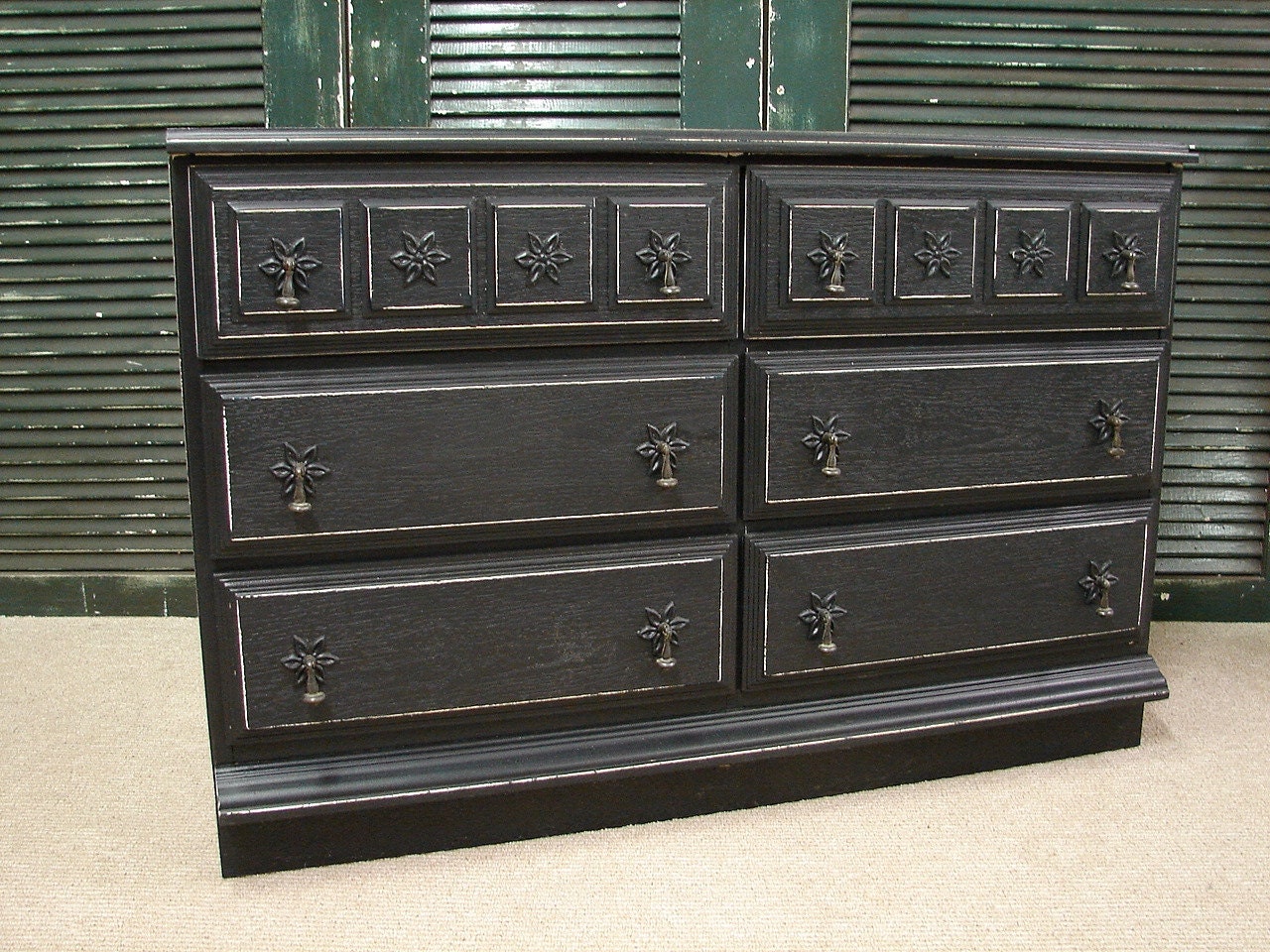 Vintage Reclaimed Black Paint Light Distressed 6 Dr Chest of Drawers Dresser (BT) Call for a SHIP QUOTE