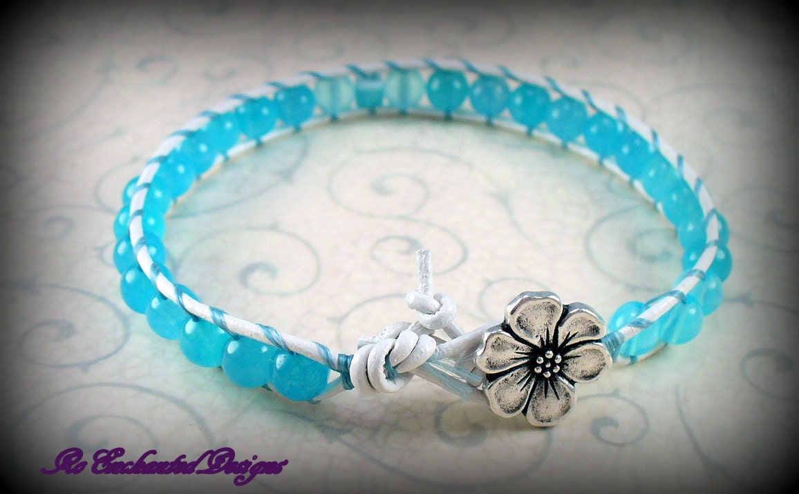Whimsical White Leather w Turquoise Agates Single Wrap Bracelet & Apple Blossom Flower Button Clasp