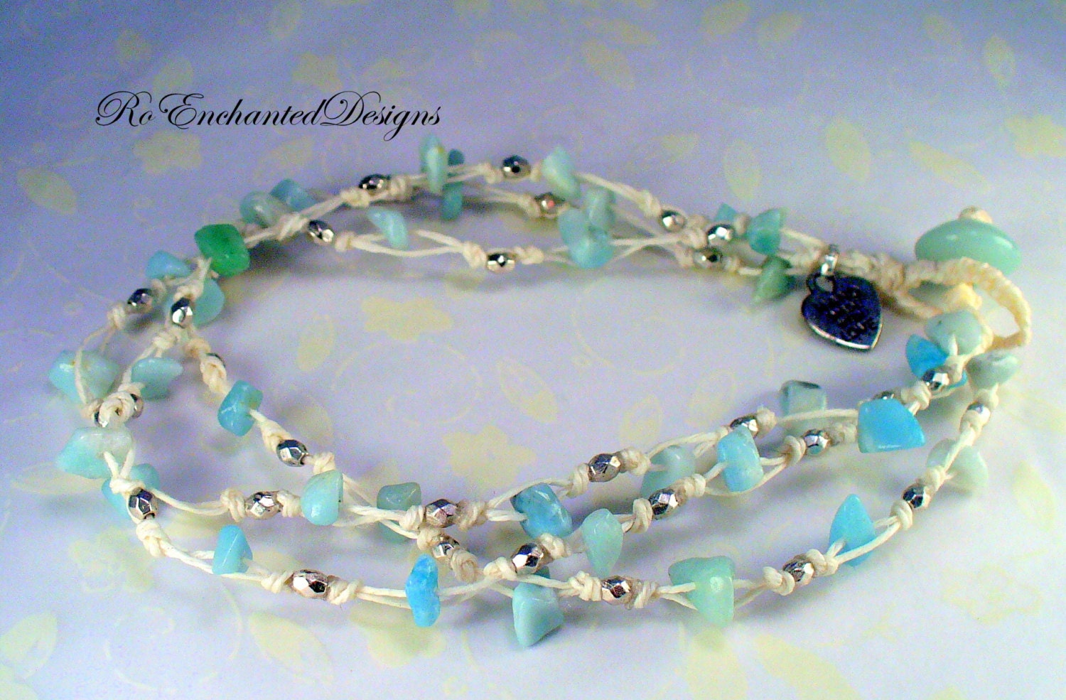 Anklet in Knotted White Linen Multi Strand Pale Blue Stone Silver Beaded