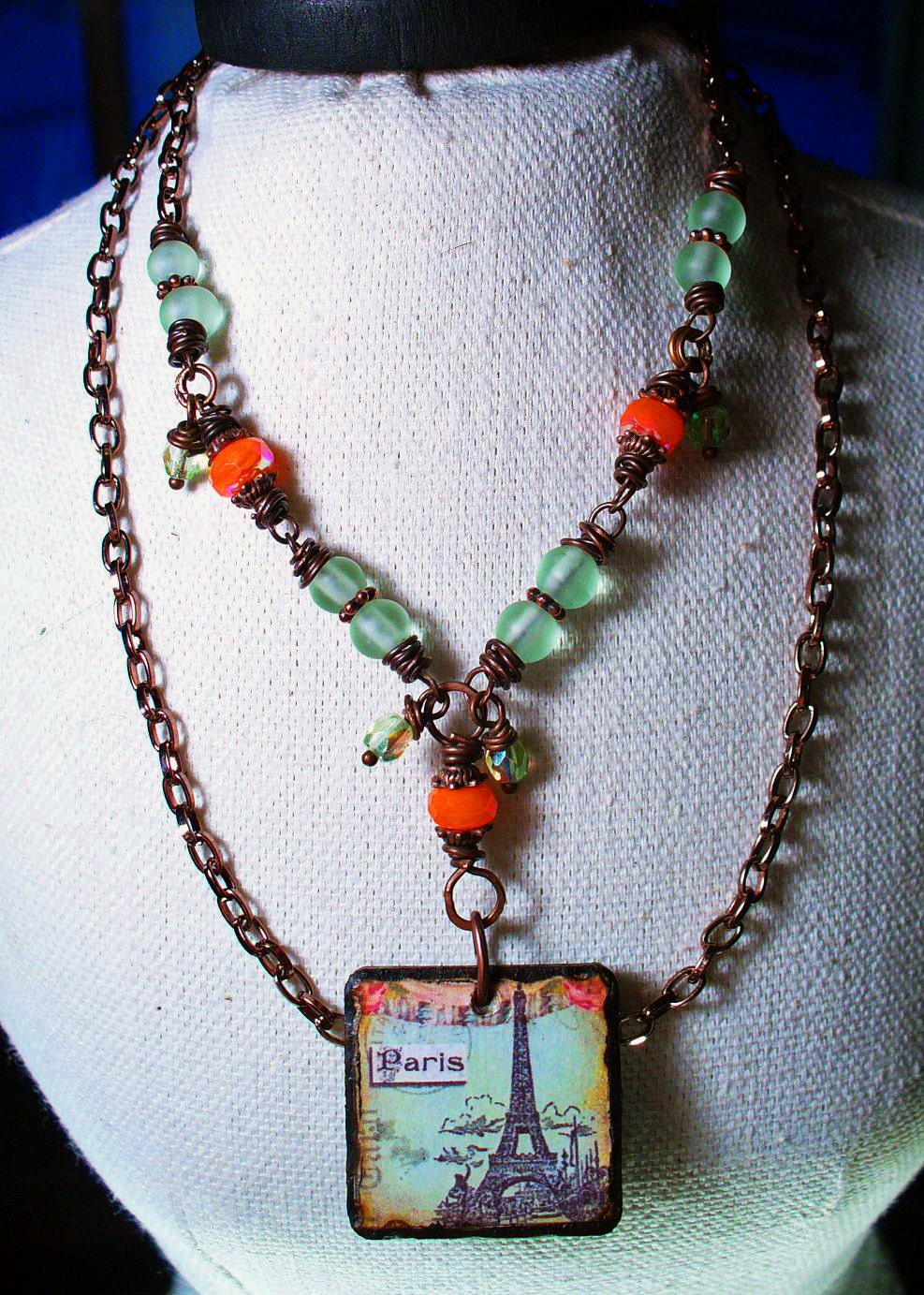 Vintage Nostalgic Ephemera Wooden Charm Eiffel Tower Necklace - Sage Beach Glass, Sherbert Orange Glass