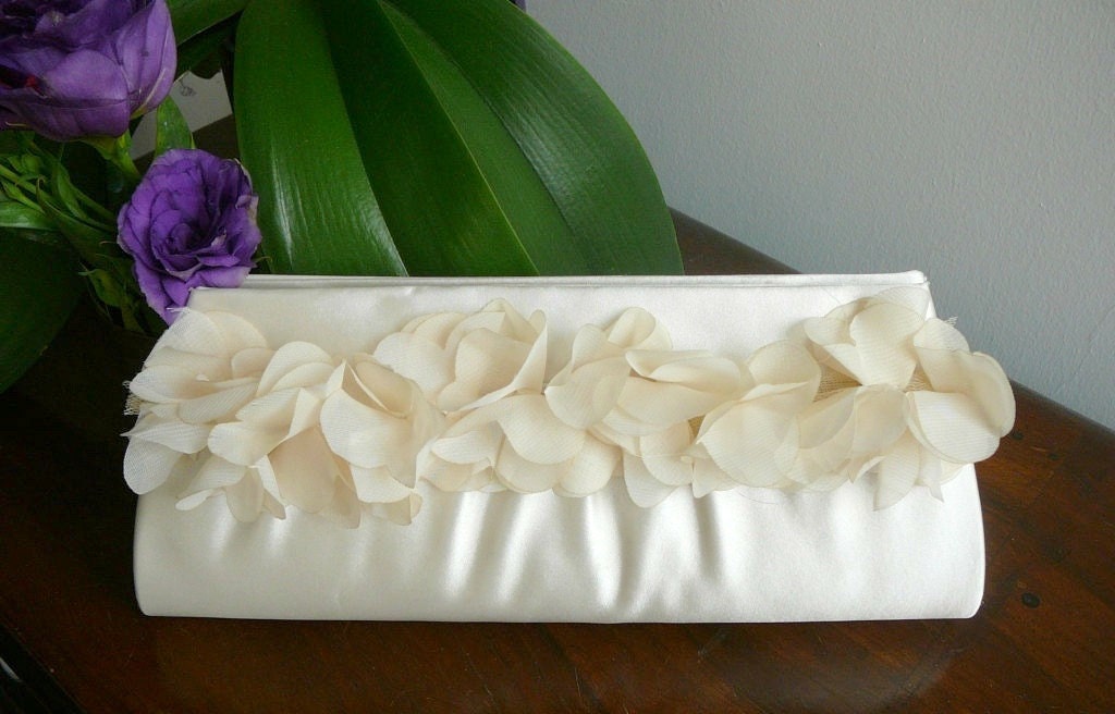 Ivory Satin Bridal Clutch With Chiffon Flowers