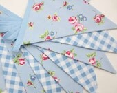 Fabric Bunting/banner Shabby Chic Style Pale Blue, Pink Rose  Gingham 9 two sided flags Wedding, Christening, Baby Shower, Birthday Decor