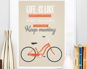 Bicycle quote poster  print, bike quote, inspirational quote, retro bike, tan wall decor,  typography poster, Life is like a riding bicycle