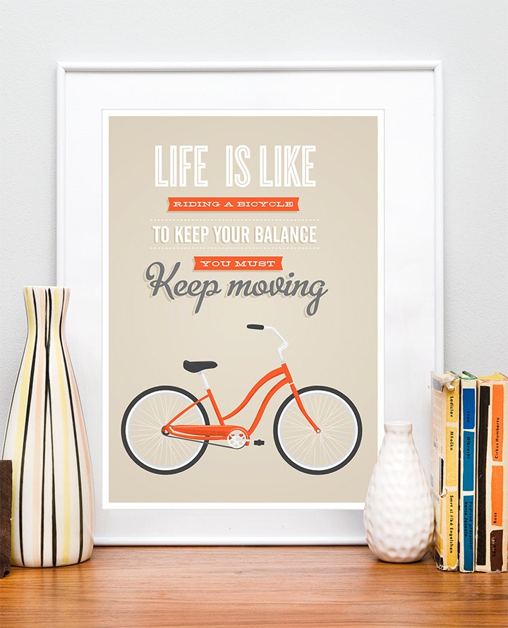 Bicycle quote poster  print, bike quote, inspirational quote, retro bike, tan wall decor,  typography poster, Life is like a riding bicycle