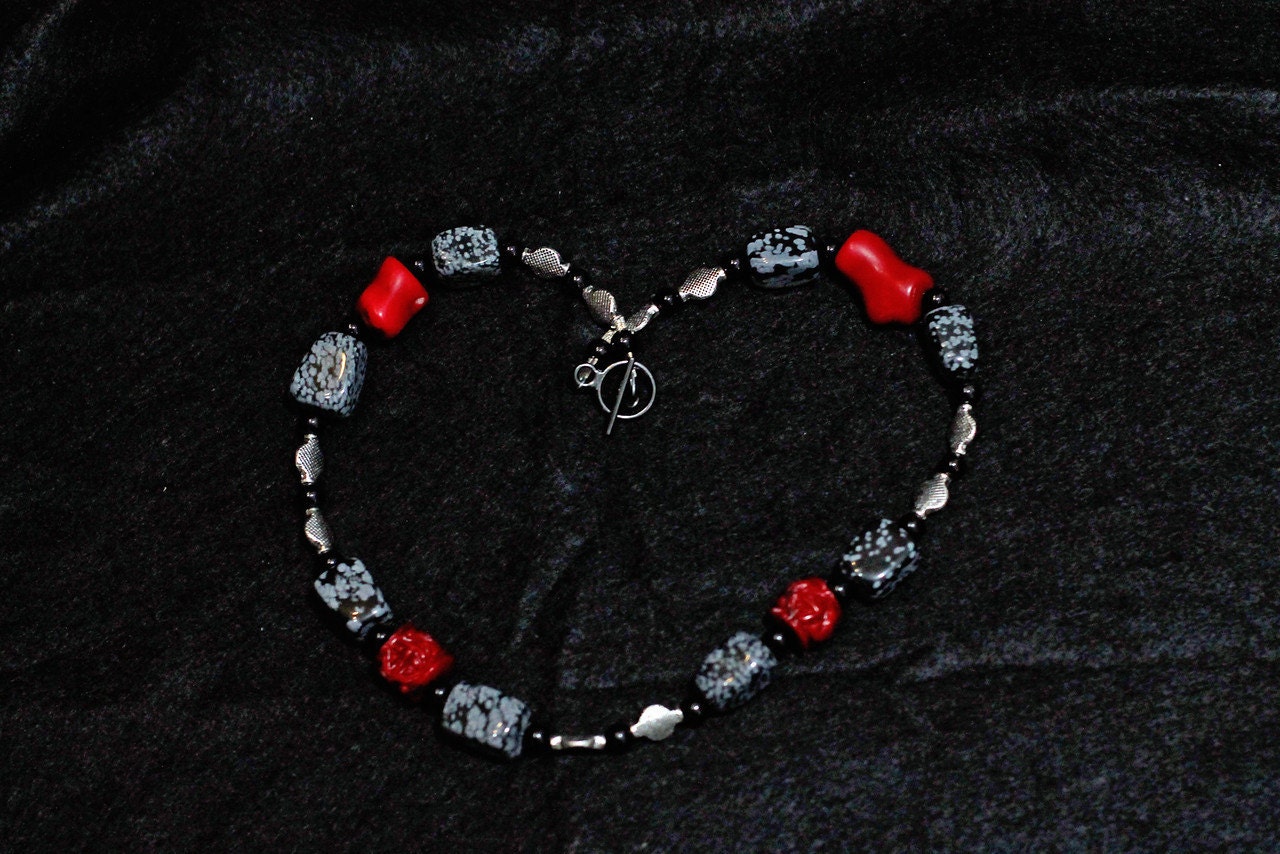 Snowflake Obsidian, Coral, and Onyx Necklace