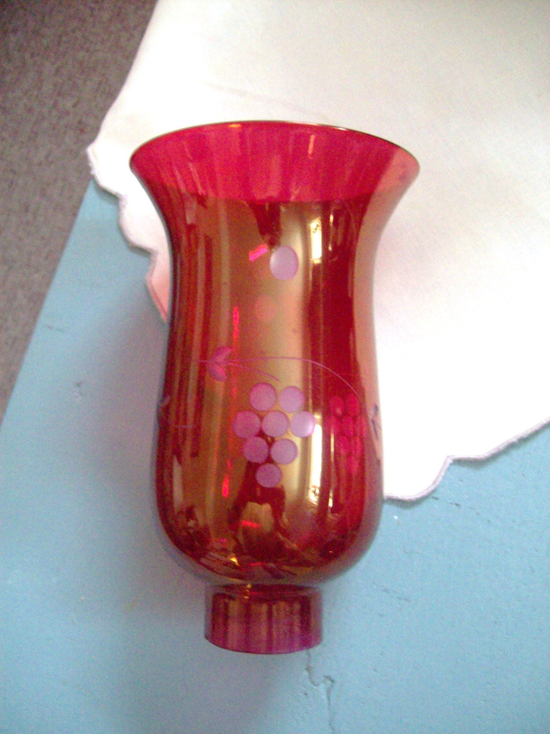 vintage red glass hurrican globe shade gypsy shabby chic cottage victorian glass etched shade