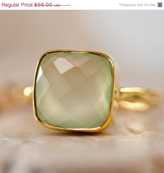 CLEARANCE - Sea Foam Green - Cushion Cut Aqua Green Chalcedony Ring - Gemstone Ring - Gold Ring - Bezel Set Ring -