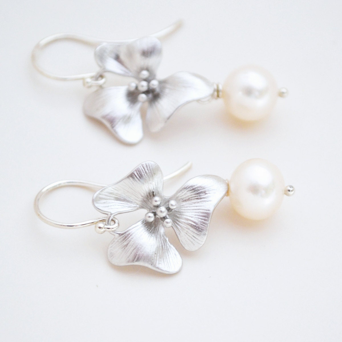 Cherry Blossom Flower, White Freshwater Pearl Earrings on Argentium Silver Hoops, June Birthstone, Pearl Blossom Earrings, Gift for Her