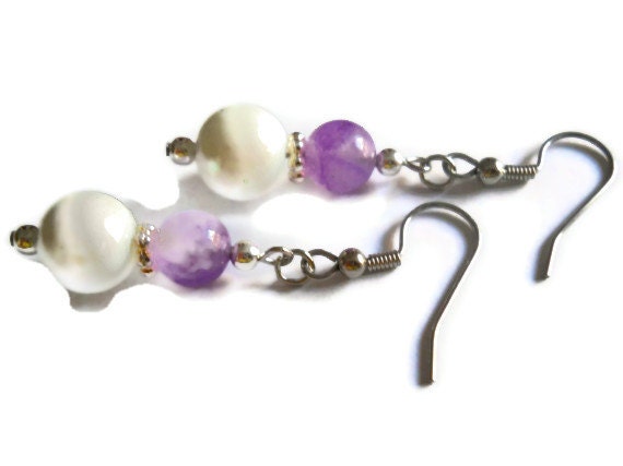 Lavender Quartz Earrings Silver White Modern Bridal Wedding Czech Glass Beaded Jewelry
