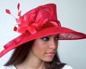 Red Sun Hat - Red Fascinator Sun Hat w/ mesh flowers and feathers