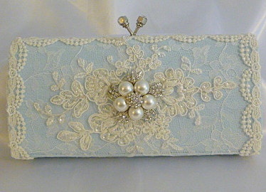 Something Blue wedding clutch bag .. vintage lace with Swarovski crystals and  pearls