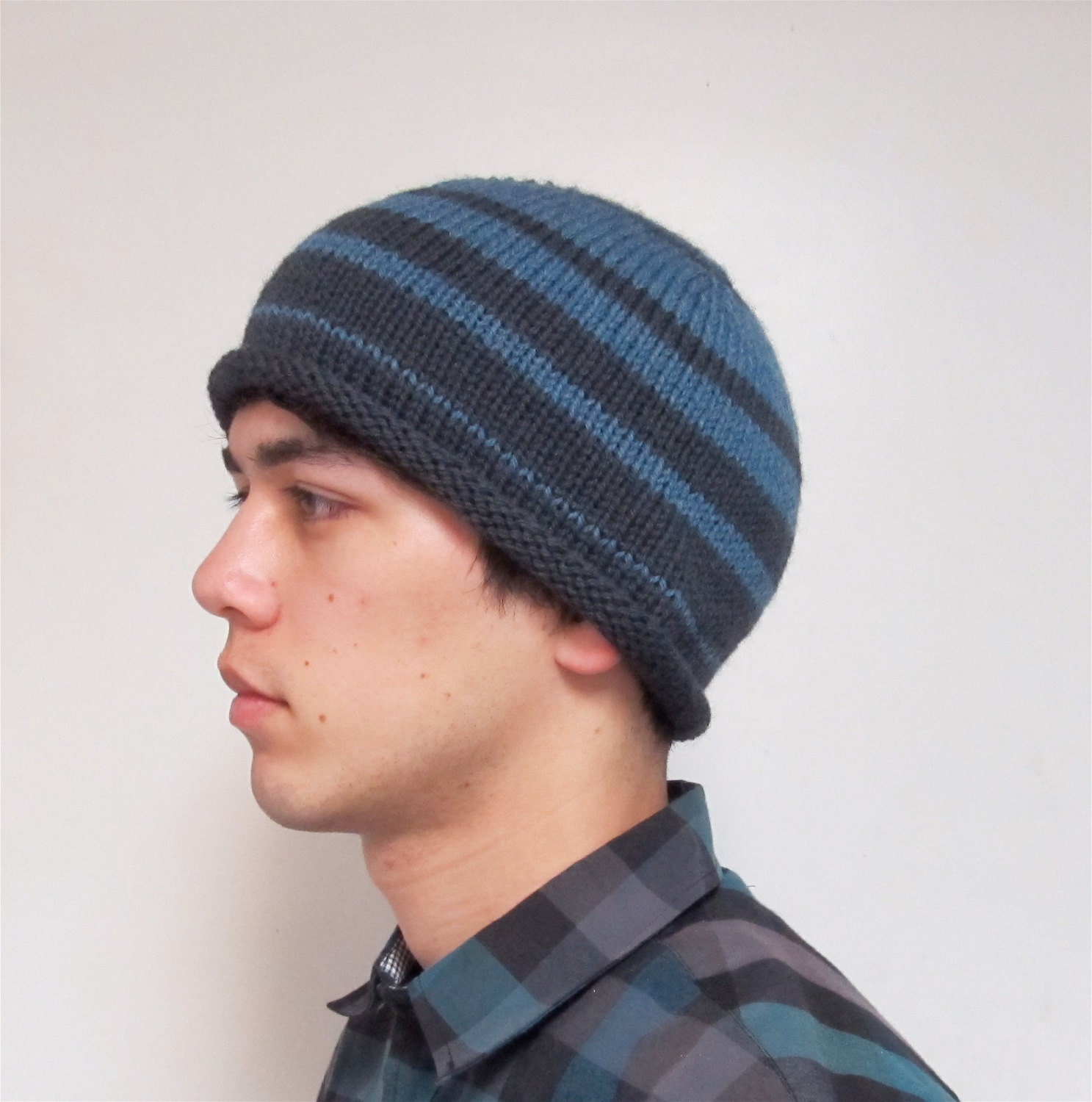 Dark gray  and denim blue striped knitted wool beanie