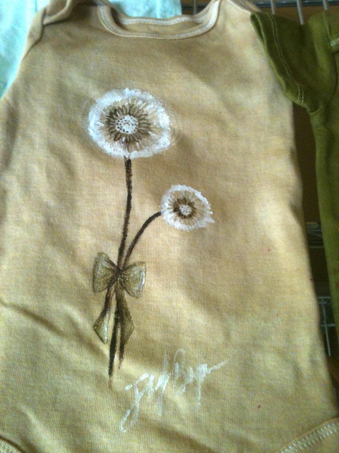 Hand Dyed & Hand Painted one of a kind Tan Baby Onesie Dandelion 6 months long sleeved