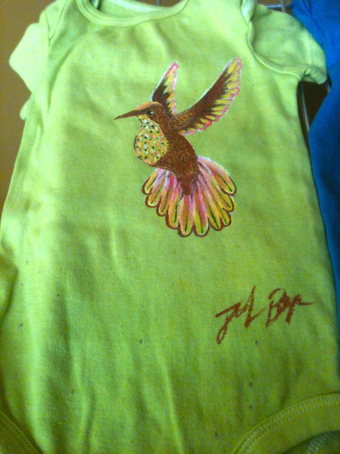Lime and Orange/Pink Hand Painted Hand Dyed Hummingbird Onesie Size 6-12 Months short sleeved