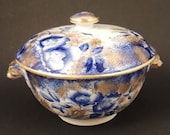 Antique ASHWORTH Floral English Flow Blue Covered Bowl Dish China Soap Dish