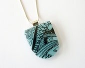 Fused glass pendant- pale blue, zentangle design pendant necklace, snake chain, silver bail