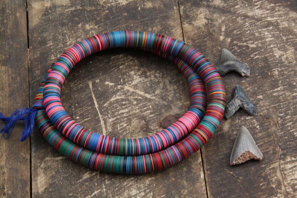 Summer Love: African Vinyl Record Disc Beads, Statement Necklace, Pink, Blue Green, 15x.5mm / Summer Festival Fashion, Craft Supplies