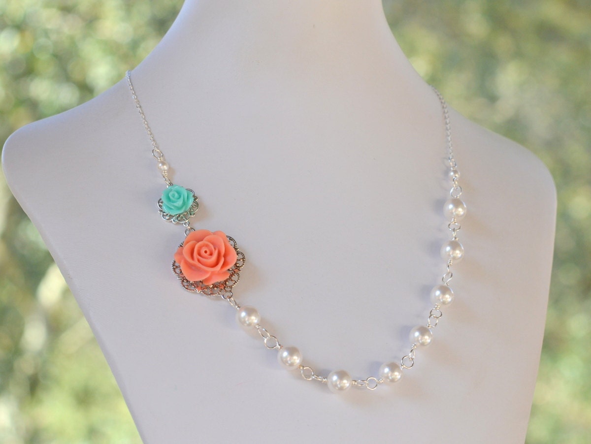 Bridesmaid Jewelry Coral and Aqua Rose Asymmetrical White Pearl Necklace.  Fashion Rose Necklace.  Wedding Jewelry. Bridal Party Jewelry.
