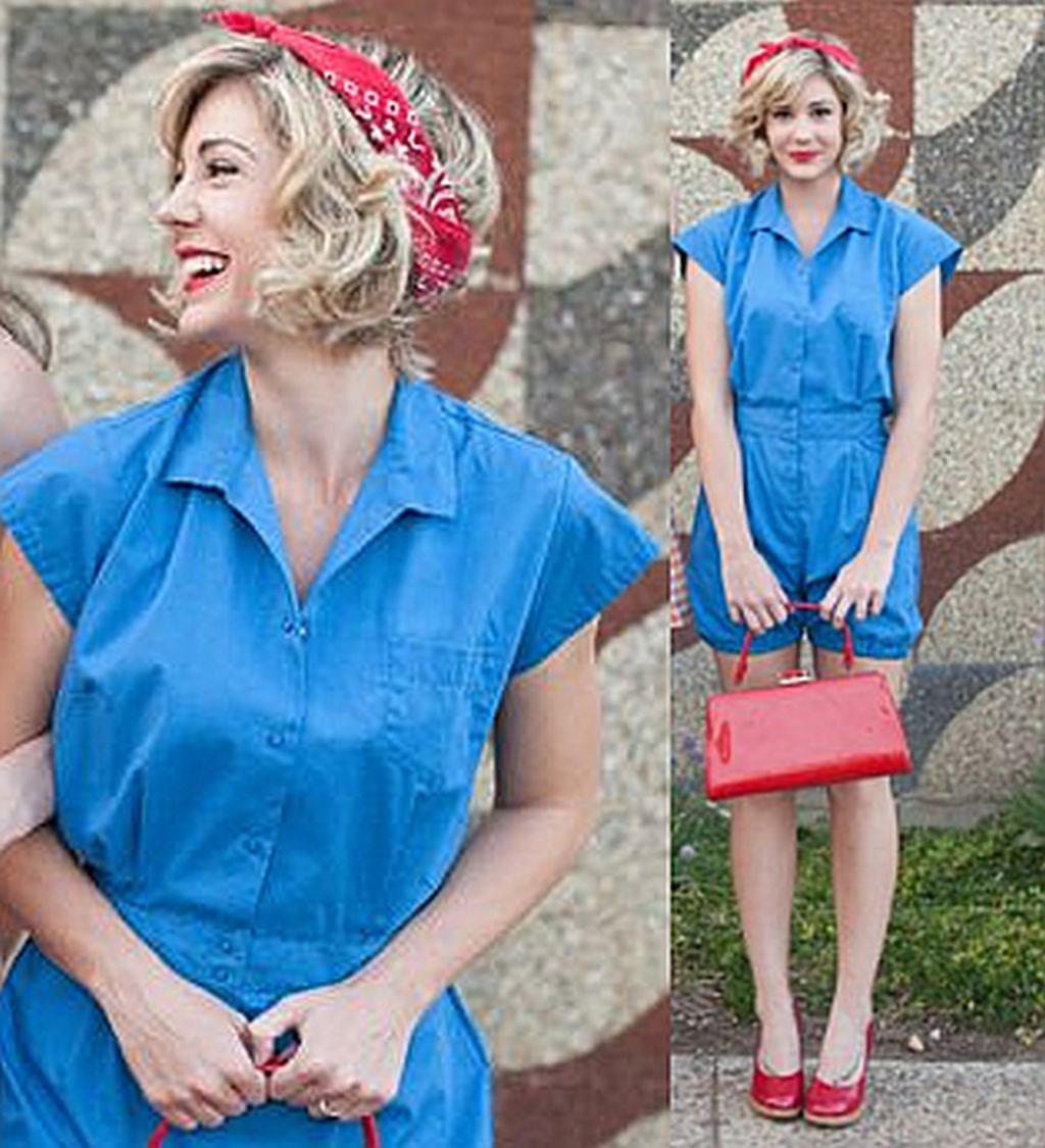 vintage 1960s mod ROMPER blue cotton shorts summer BEACH PLAYSUIT jumper - c859