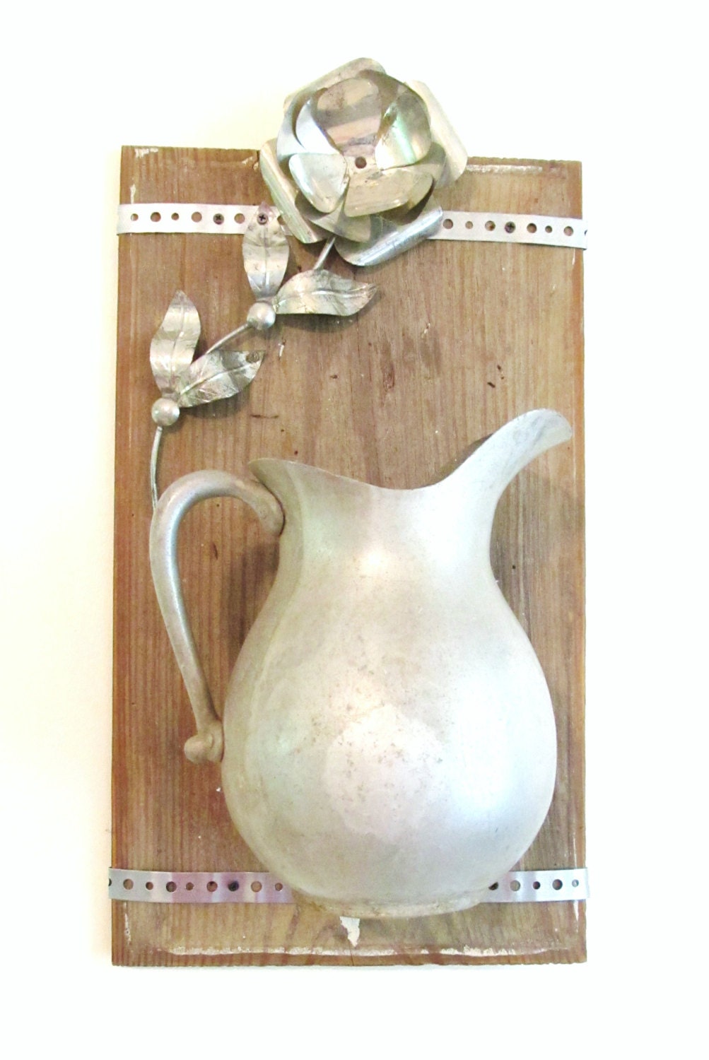 Upcycled Vintage Aluminum Water Pitcher and Wood Panel Wall Art Plant Pot/Floral Holder