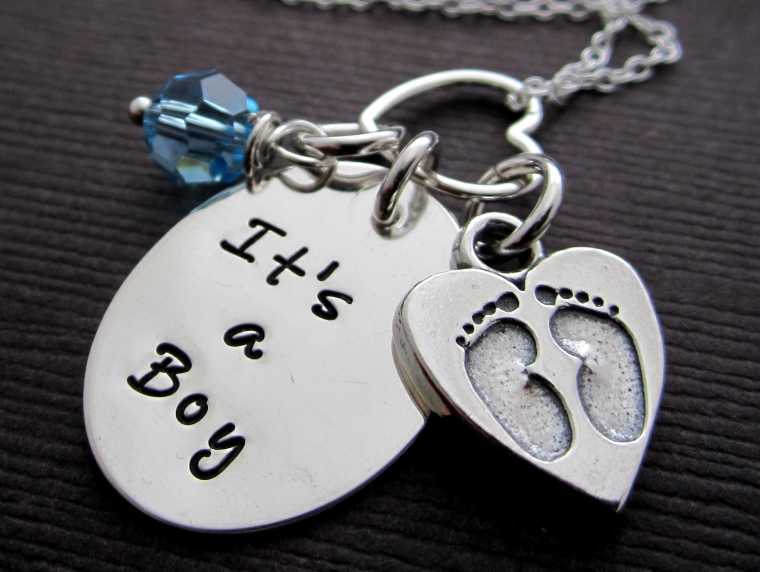 Baby of Mine Necklace, Announcement Piece, New Mommy Gifts, Mother to Be, Sterling Silver Jewelry  Birthstone Baby Foot Hand Stamped