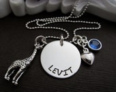 One cute Baby giraffe - Hand Stamped Mother's Baby name Jewelry - Mother's Gift Personalized Necklace with Birthstone and Heart
