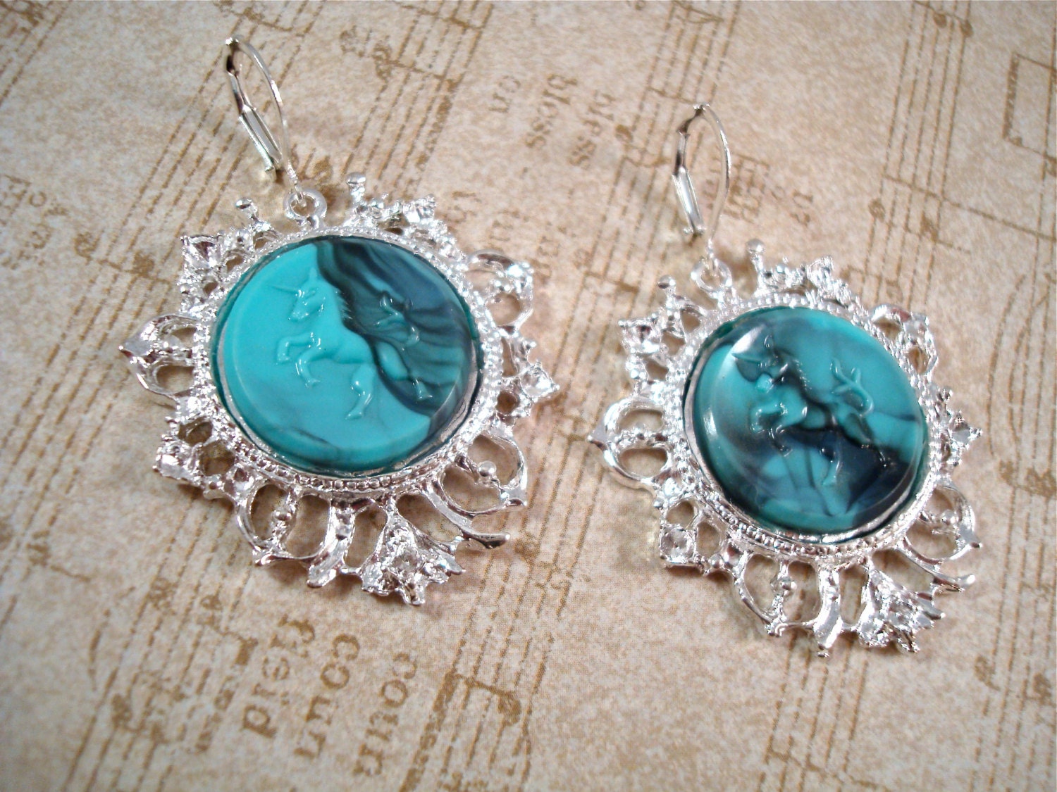 Aqua Black Unicorn Earrings - Vivre Un Rêve - Victorian Fantasy Fairytale Filigree Silver