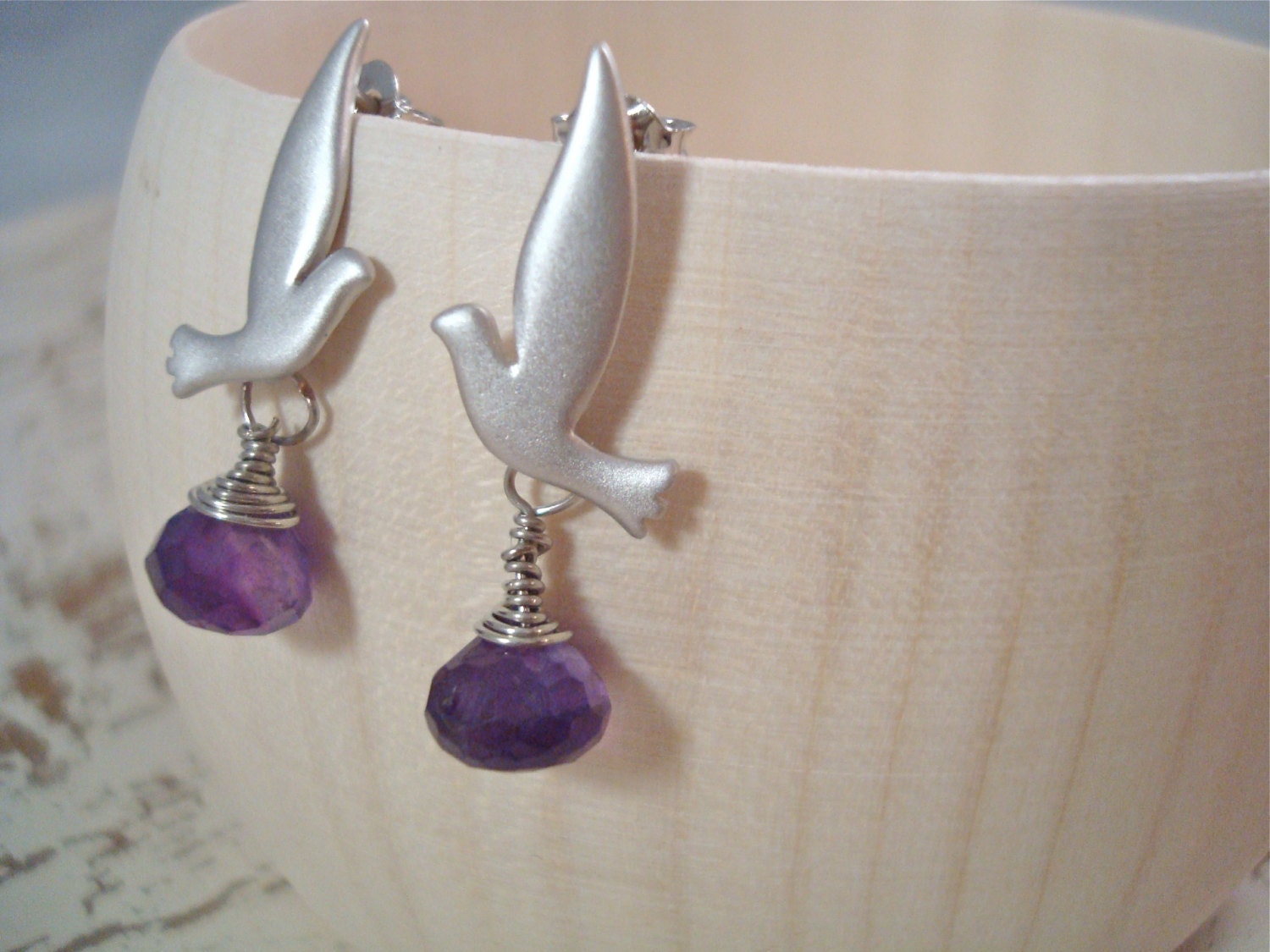 Bird Purple Amethyst Briolette Earrings - Peace - Gemstones by Split Personality Designs