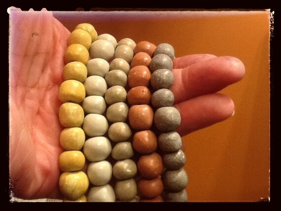 Vintage Beads Clay Ceramic Hand-formed White Gray Dusty Rose Pink Cream primitive Cultural
