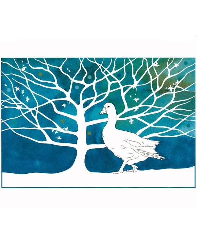 10" x 8" Art Watercolor Painting Print White Goose Blue White Tree Contemporary Illustration Bird Art