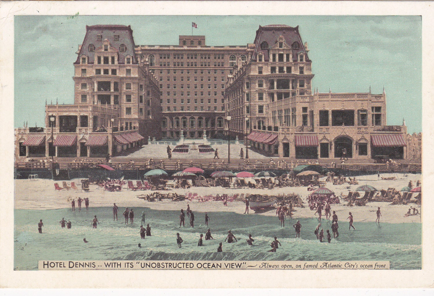 Hotel Dennis- On Famed Atlantic Cty's Ocen Front- 1938 Vintage Postcard- Used