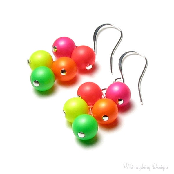 Swarovski Neon Pearl Cluster Retro Mod Long Dangle Earrings