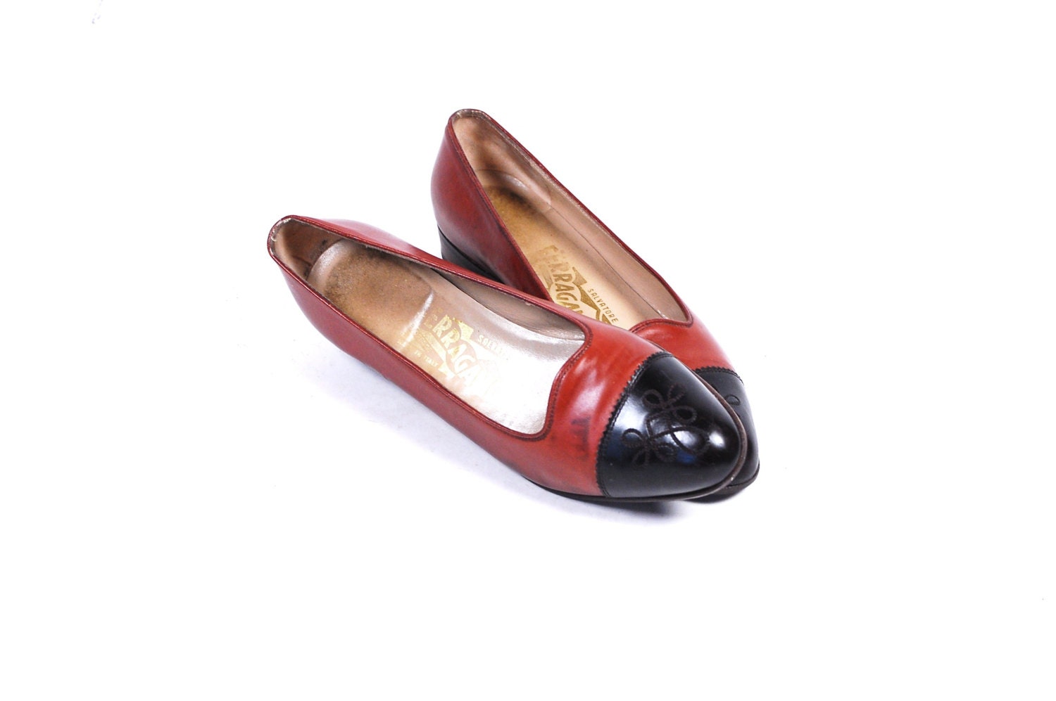 Womens US 6B Vintage Salvatore Ferragamo Black Brown Paisley Cap Toe Pump Heel