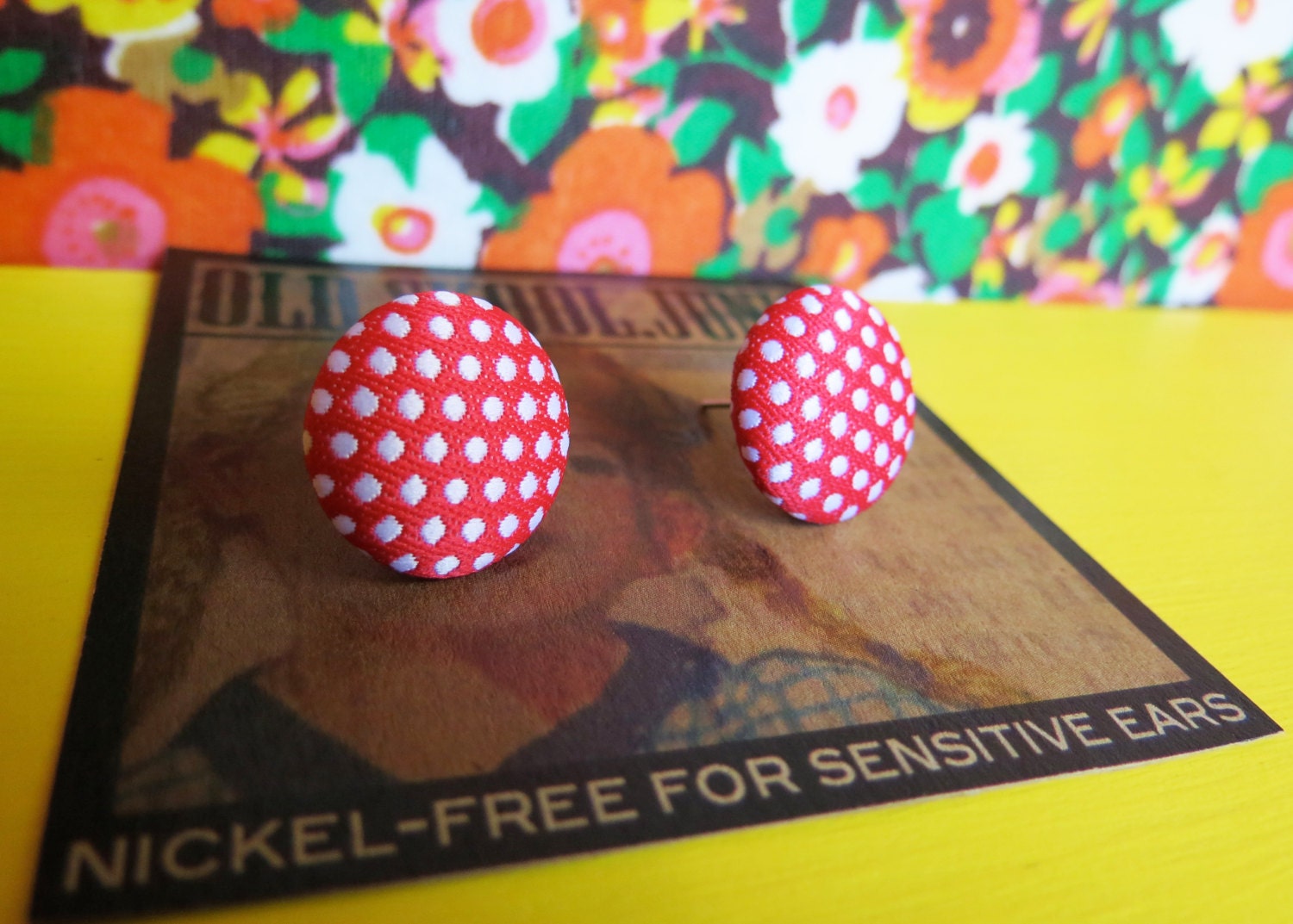 Red and White Vintage Inspired Pinup Girl Polka Dot Stud Earrings