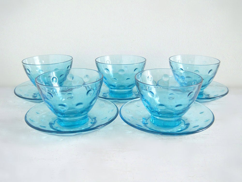 Mid-Century Capri Dots Sherbet Glasses & Plates - Azure Blue