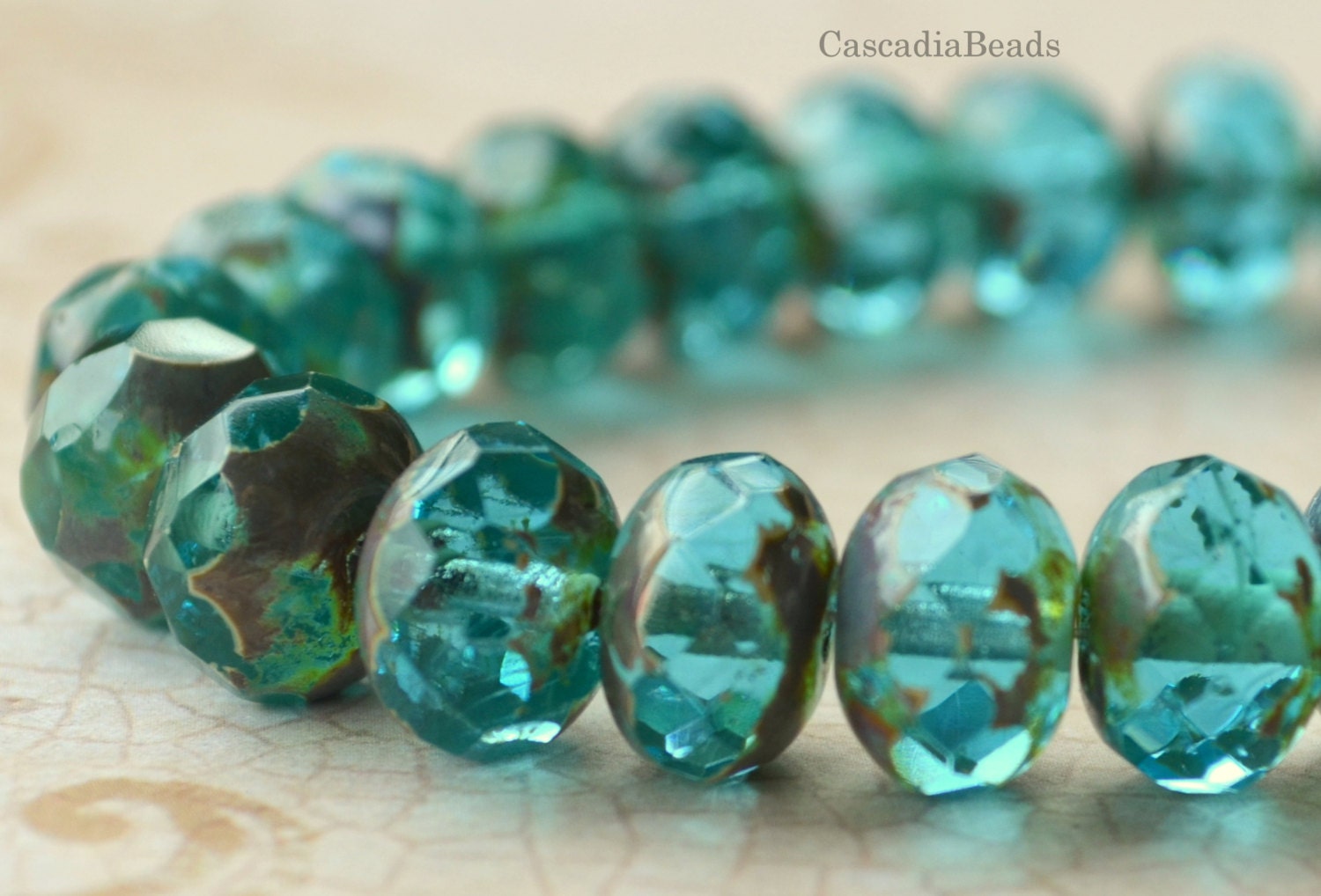 Czech Glass Bead - Picasso - Aqua Blue - 10 -  Faceted Rondells - 6x10mm (cab-349)