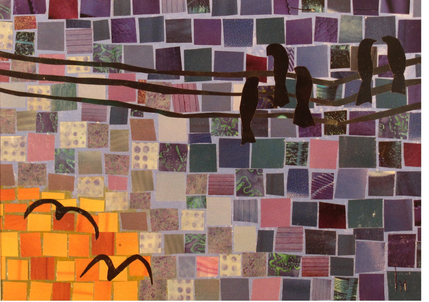 original collage - Birds at Sunset - using recycled materials