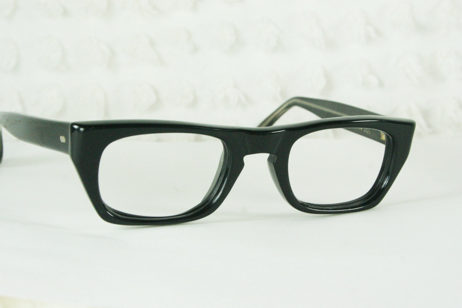 60s Glasses 1960s Unique Eyeglasses Mod Flat Top Black Thick Horn Rim Small Child Size Kids NOS 41/19 Foremost Brand Optical Frame
