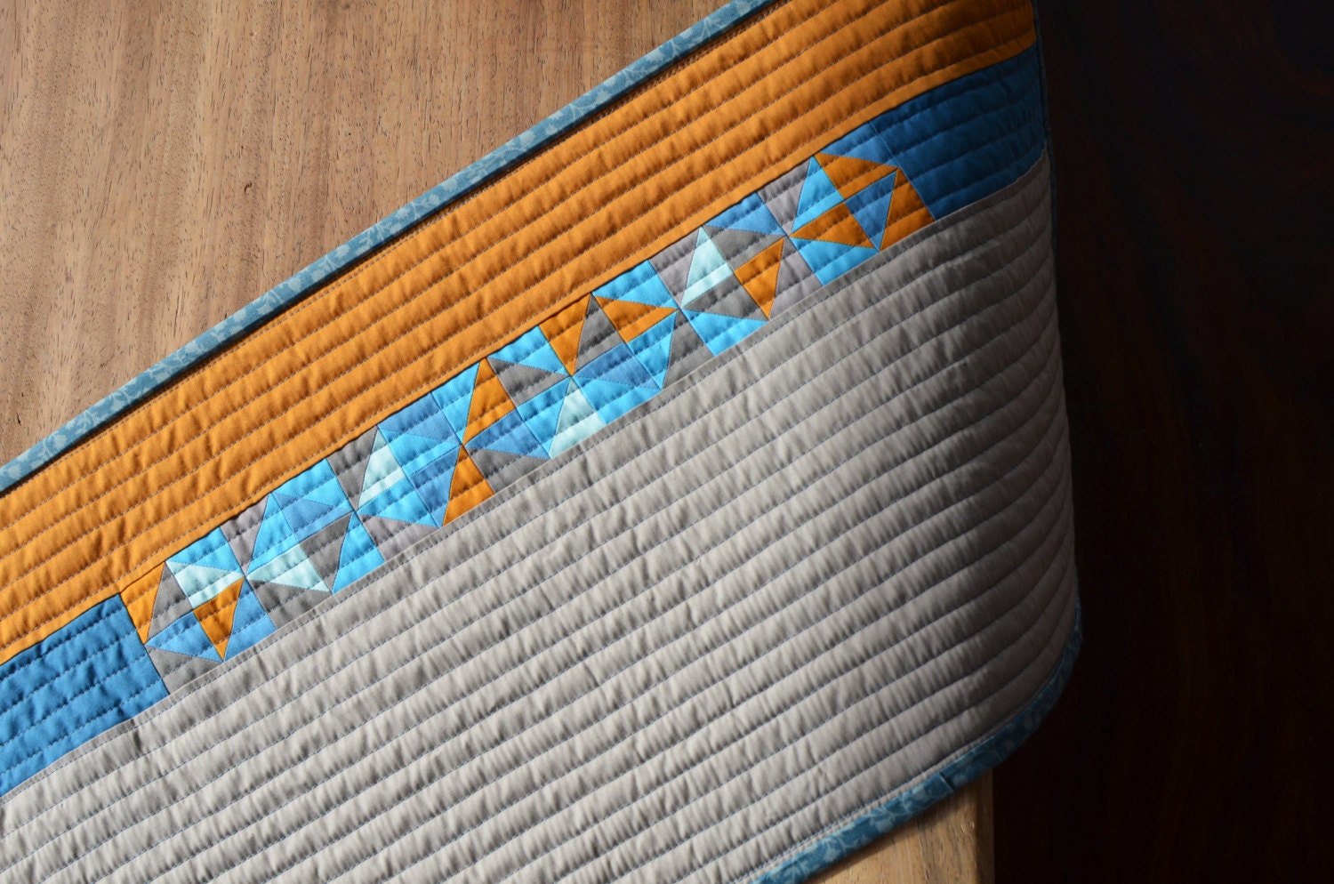 Modern Quilted Table Runner / mustard teal blue and grey quilted runner / mother's day gift