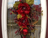 Summer Wreath Fall Wreath Gift Twig Teardrop Vertical Swag Door Decor...Use All Year Round.."Romantic Red"